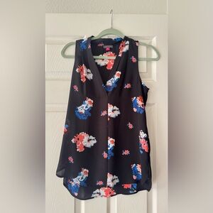 Vince Camuto Black Floral Sleeveless Blouse with Red and Blue Accents